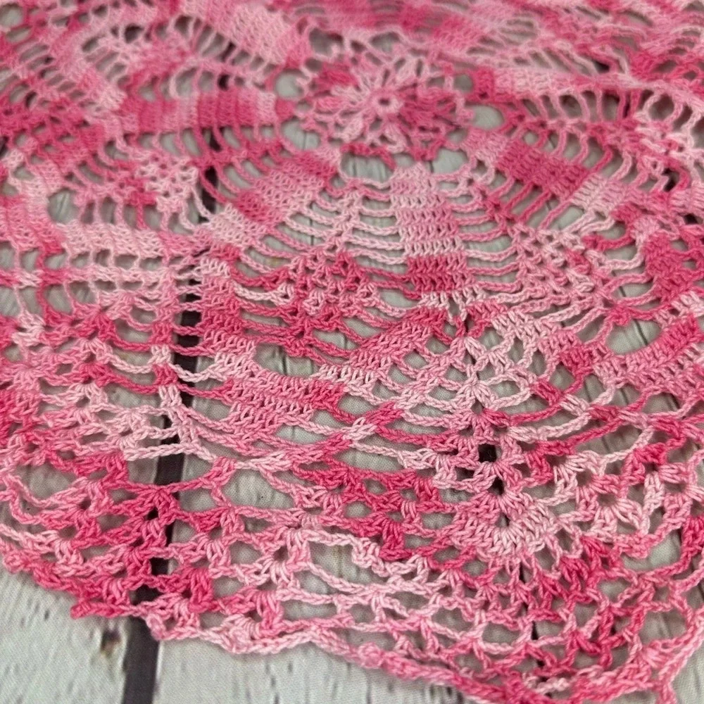 vintage large round handmade crochet pink white doily cottagecore